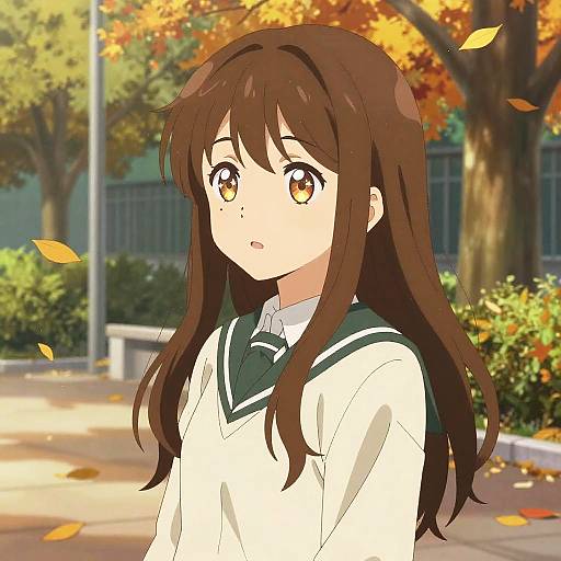 Anime-style digital drawing of a young girl with long brown hair, amber eyes, wearing a white school uniform with green trim, standing in a sunlit
