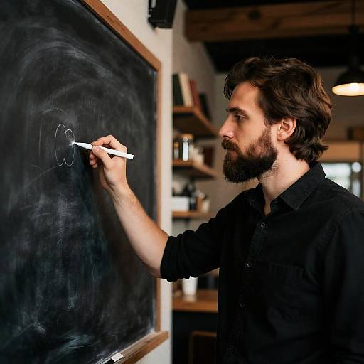 Man writing on blackboard in cozy café
