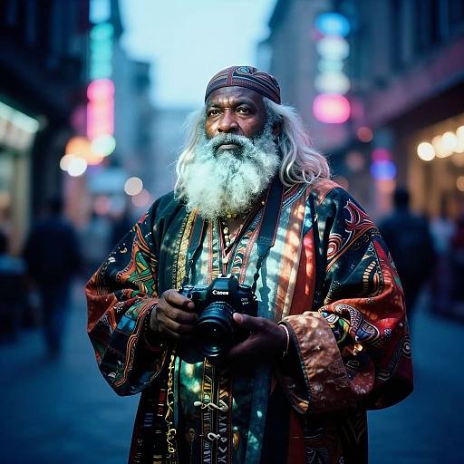 Photograph of an elderly Indian man with a long white beard, wearing a colorful, ornate robe, and headband, holding a camera, standing
