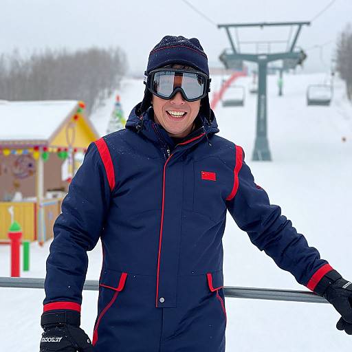 Photograph of a smiling man in black ski gear with red accents, goggles, and beanie, standing outdoors in a snowy ski resort, with colorful