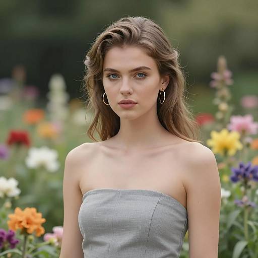 Portrait of Woman in Grey Strapless Dress in Garden