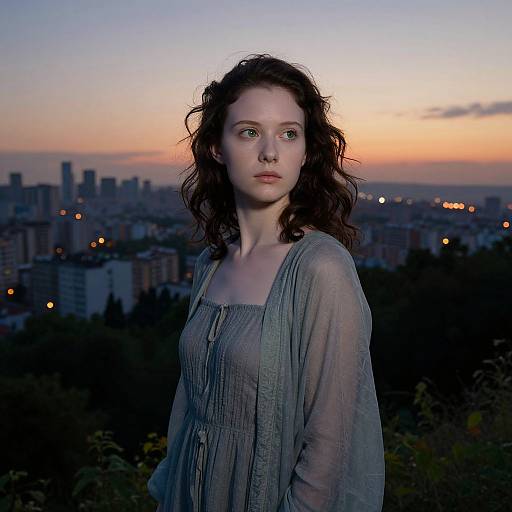 Photograph of a pale-skinned, curly-haired woman in a sheer, grey blouse against a twilight cityscape with orange and blue sky.