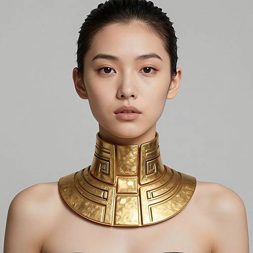 Photograph of an East Asian woman with slicked-back hair, wearing a large, ornate, gold choker collar against a light blue background.