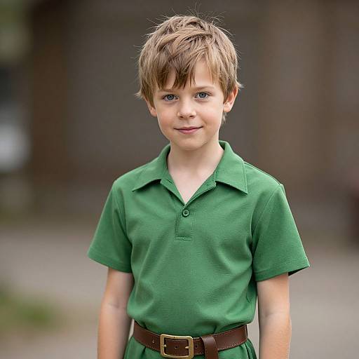 Photograph of a young boy with light brown hair, blue eyes, wearing a green polo shirt and brown belt, standing outdoors.