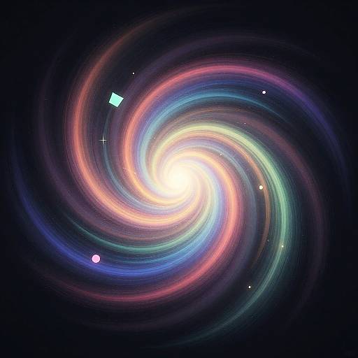 Digital illustration of a vibrant, swirling galaxy with colorful, spiraling rings of light, surrounded by small, glowing stars against a dark background.