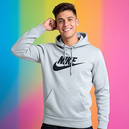 Photograph of a smiling young man with short dark hair, wearing a gray Nike hoodie, against a vibrant rainbow gradient background.
