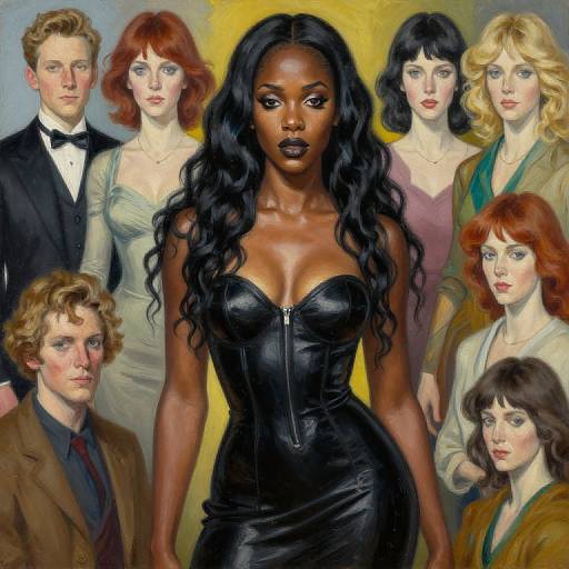 Digital painting of a dark-skinned woman with long black hair in a tight black leather dress, surrounded by six white people in formal and semi-formal
