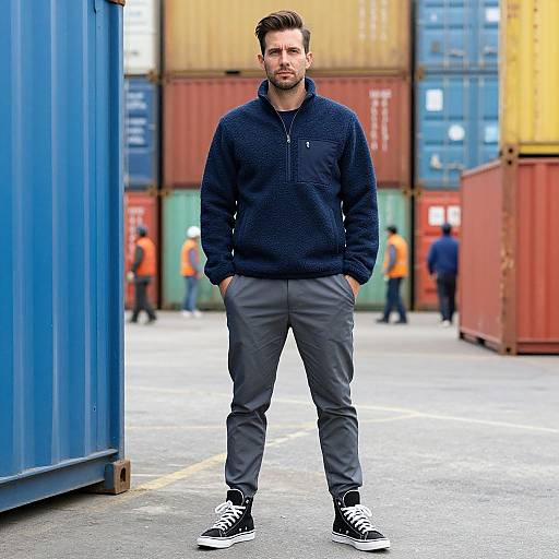 Photograph of a bearded man in a navy fleece hoodie, gray pants, and black sneakers, standing in a colorful container yard.