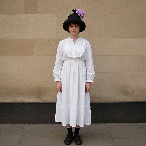 Photograph of a young woman in a white, long-sleeved, lace-trimmed dress and black hat with pink flowers, standing against a