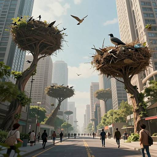 Photorealistic digital image of a city street with towering buildings, surreal bird nests on trees, birds flying, and pedestrians walking.