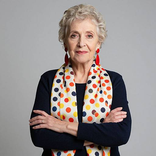 Photograph of an elderly woman with short, curly gray hair, wearing a black cardigan, white polka dot scarf, and red earrings, arms