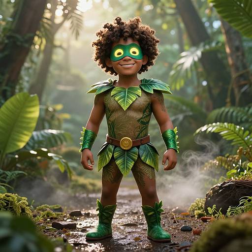 CGI image of a smiling, dark-skinned child with curly hair, green leaf mask, and leaf costume, standing in a sunlit, lush