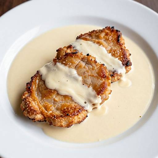 Photograph of two golden-brown, crispy chicken strips coated in creamy white sauce, served on a white plate.