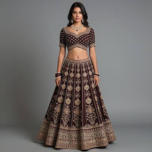 Photograph of a South Asian woman with dark hair, wearing an elaborate black and gold embroidered traditional lehenga choli, against a gray backdrop.