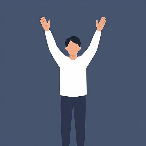 Digital illustration of a simplified, faceless person with short black hair, wearing a white long-sleeve shirt and dark blue pants, raising both arms