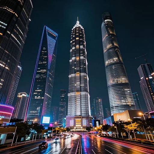Photograph of a vibrant, neon-lit cityscape at night, featuring towering skyscrapers with illuminated windows and colorful light reflections on the wet street