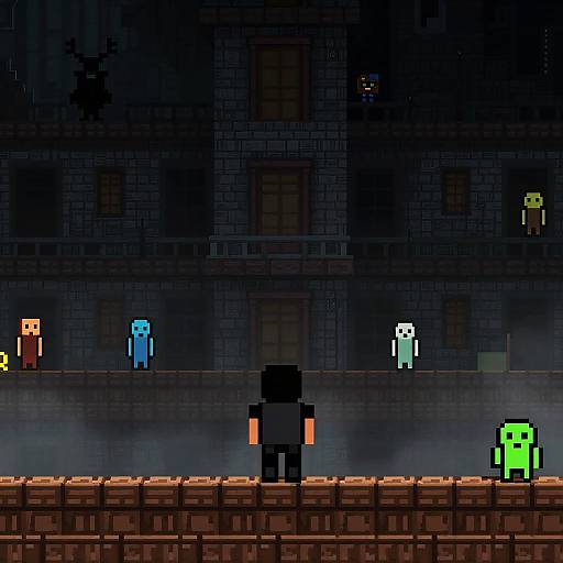 Pixel art of a blocky character facing a dark, misty brick wall with six colorful, pixelated characters peeking from behind.