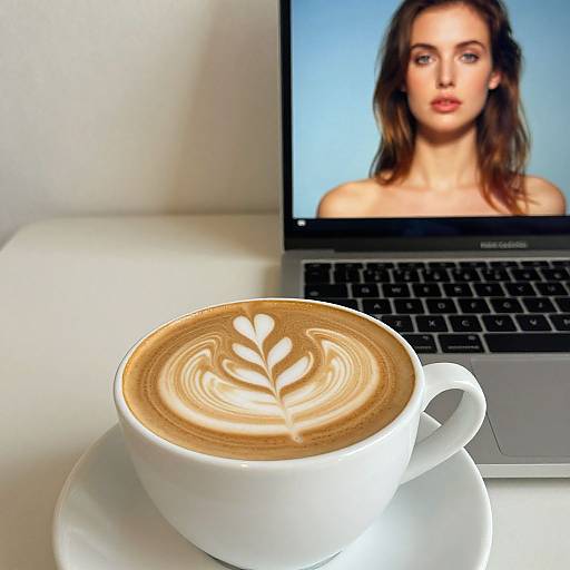 Photograph of a white ceramic cup with intricate latte art on a white saucer, beside a laptop screen showing a close-up of a fair-sk