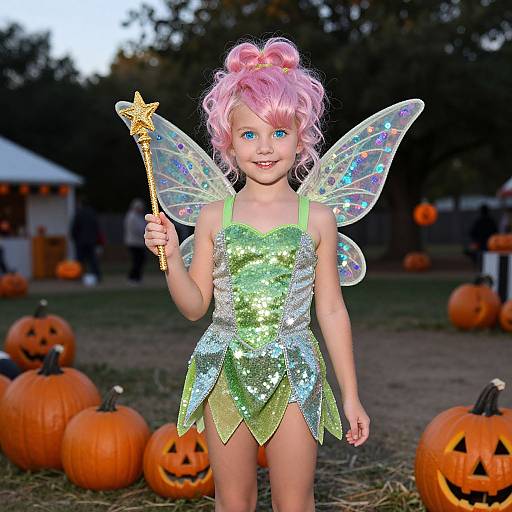 Photograph of a young girl with pink hair, wearing a green sequin fairy costume, iridescent wings, and holding a star wand, standing