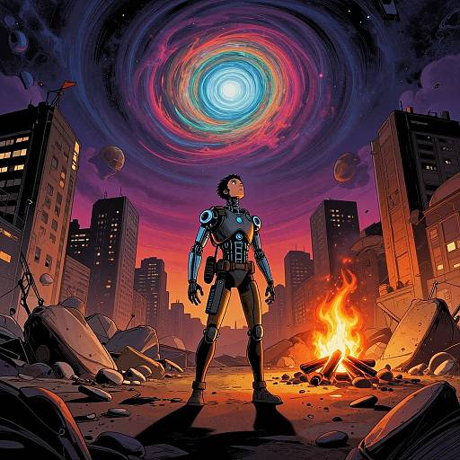 Digital comic art: Cybernetic superhero stands in a ruined, burning cityscape at sunset, with a vibrant, swirling galaxy above.