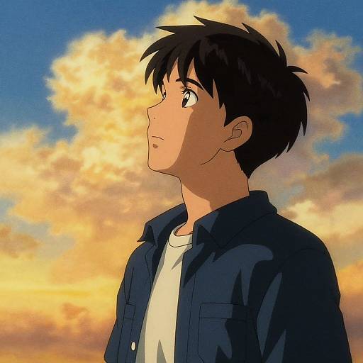 Anime-style digital drawing of a young man with black spiky hair, wearing a blue jacket and white shirt, gazing upward at a vibrant, cloudy