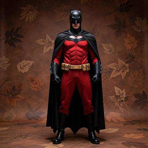 Photograph of a muscular Batman standing, wearing a black cowl, red and black suit, black cape, and gloves, against a brown leaf-pattern