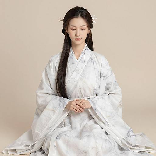 Serene Asian Woman in Marble-Patterned Traditional Robe