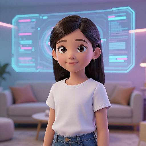 Digital 3D-rendered anime-style girl with long black hair, brown eyes, white t-shirt, and blue jeans, standing in a modern living