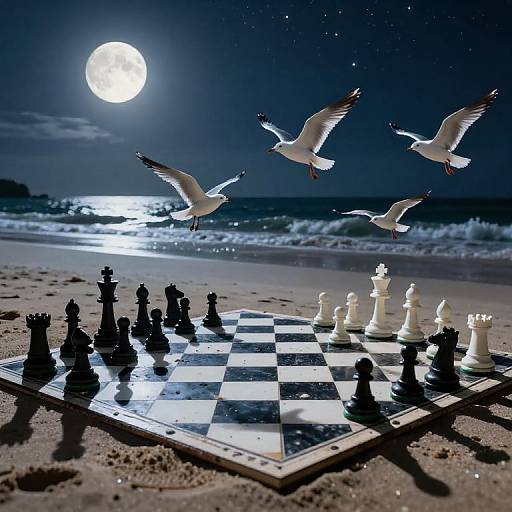 Photograph of a beach chessboard under a full moon, with white seagulls flying overhead and waves crashing in the background.