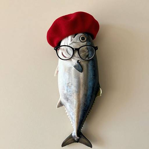 Photograph of a silver fish with black-rimmed glasses and a red beret, standing upright against a plain white background.