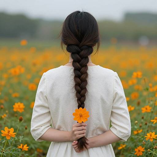 Photograph of a woman with long, braided brown hair, wearing a white dress, holding an orange flower, standing in a vibrant orange flower field