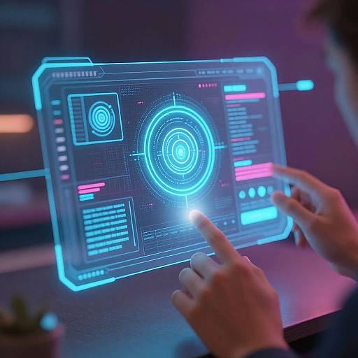 Photograph of a person's hands interacting with a glowing, neon-blue holographic interface displaying a central circular hologram and technical data.