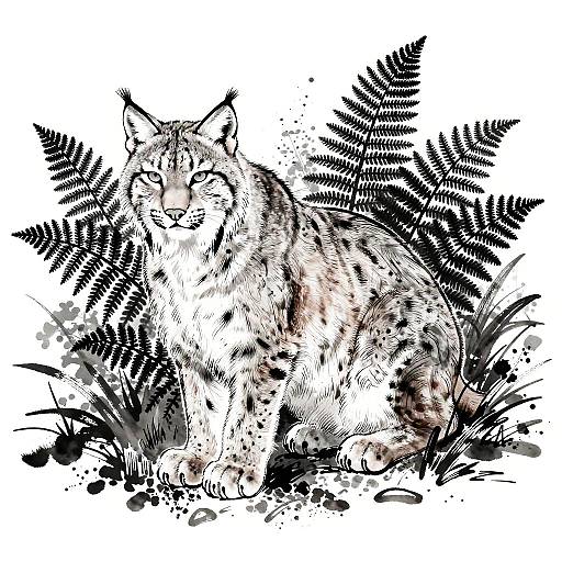 Sumi-e Lynx in Forest Line Art