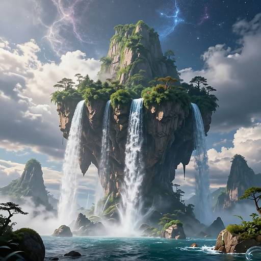 Digital fantasy artwork of a floating island with twin waterfalls, lush greenery, surrounded by misty blue ocean and rocky peaks.