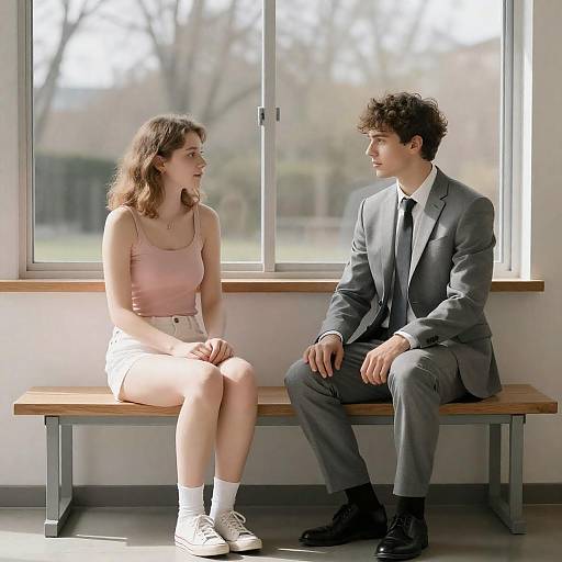 Sunlit Room: Young Couple on Benches