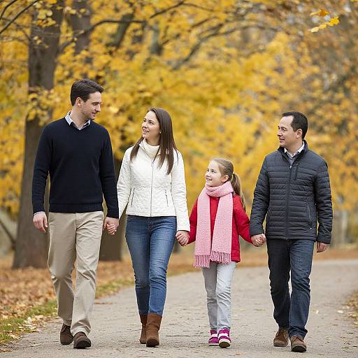 Photograph of a family of four walking hand-in-hand on a park path during autumn, wearing casual fall clothing, with vibrant yellow leaves in the background