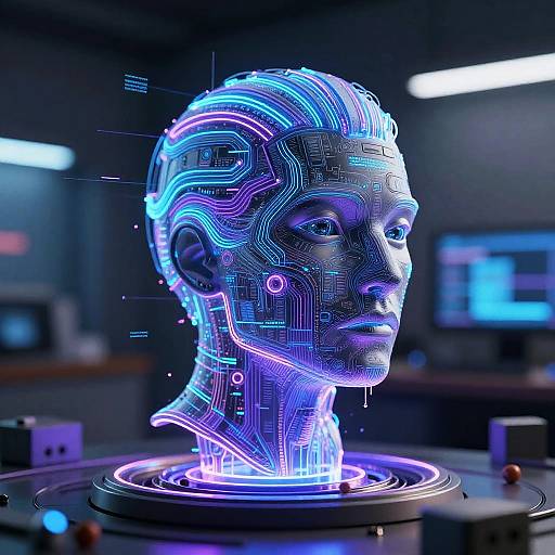 Digital CGI of a glowing, neon-blue and purple, cybernetic head with intricate circuitry patterns, floating in a futuristic lab.