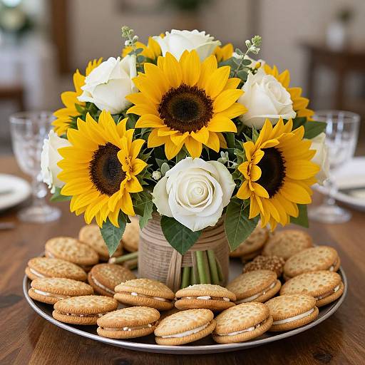 Photograph of a vase with sunflowers and white roses, surrounded by a plate of peanut butter cookies, on a wooden table.