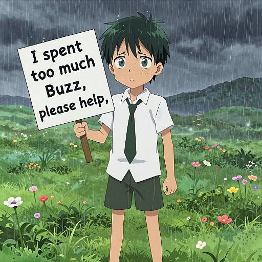 Anime-style drawing of a sad, rain-soaked boy with black hair holding a sign reading 
