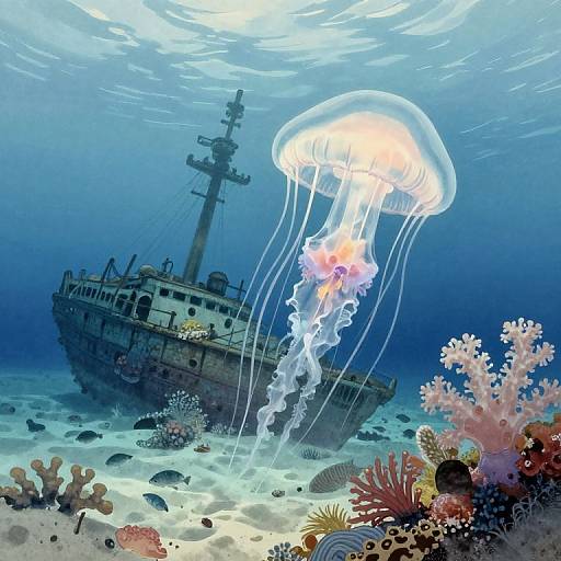 Digital illustration of a sunken, rusty ship with a glowing jellyfish overhead, surrounded by colorful coral and marine life underwater.
