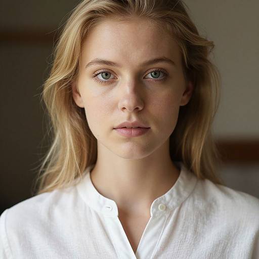 Close-up photograph of a young blonde woman with blue eyes, wearing a white button-up shirt, looking directly at the camera with a neutral expression. Natural