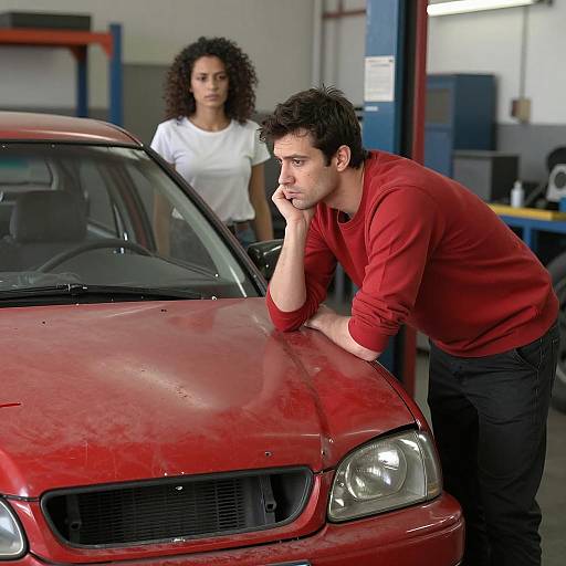 Thoughtful Man by Damaged Red Car