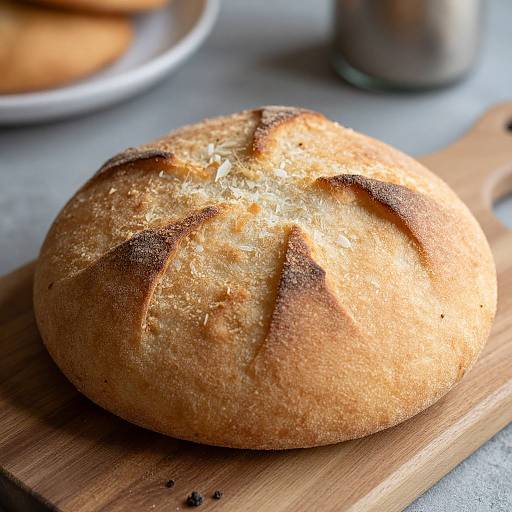 Close-up photograph of a golden-brown, crusty, round bread loaf with deep, crisscrossed slashes on a wooden cutting board. Background