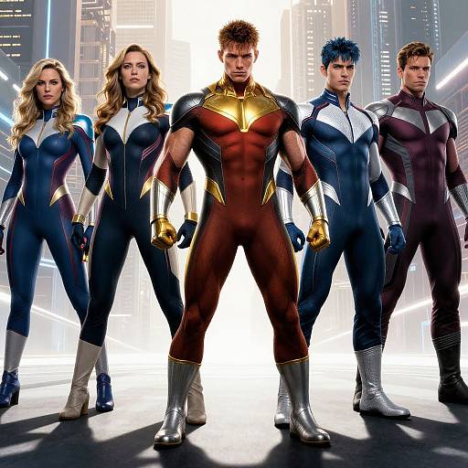 Photograph-style CGI image of five superheroes in futuristic cityscape: muscular man in red and gold suit, flanked by four in black and silver suits
