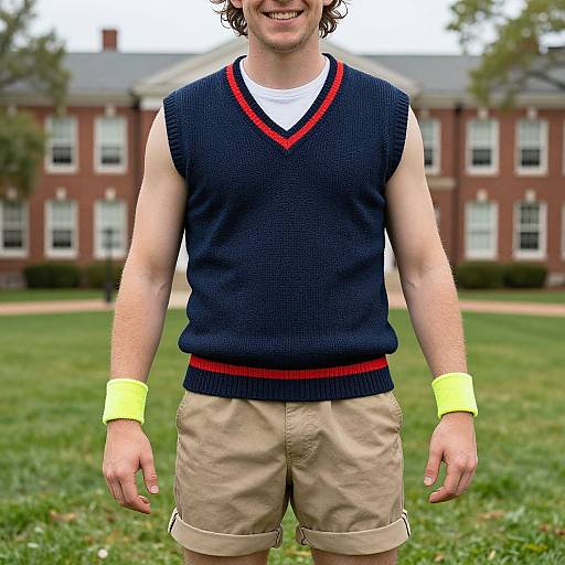 Photograph of a smiling man with curly brown hair, wearing a navy V-neck sweater, yellow wristbands, beige shorts, and a white t-shirt