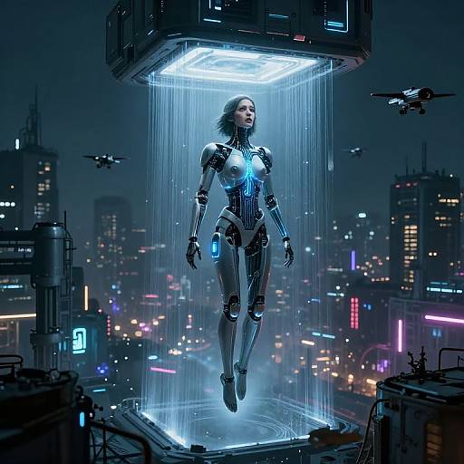 Cyberpunk cityscape: Female humanoid robot with glowing blue accents, floating in a luminous, hovering platform, surrounded by flying drones and neon-l