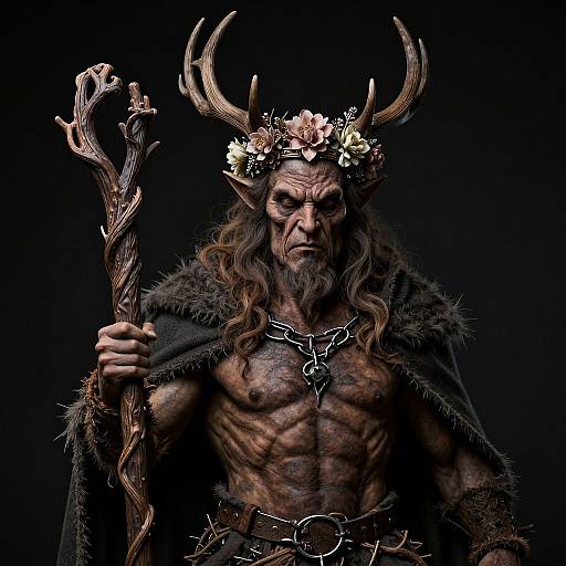 Photograph of a muscular, bearded, horned demon with a floral crown, holding a twisted staff, wearing a fur cloak and silver chain.