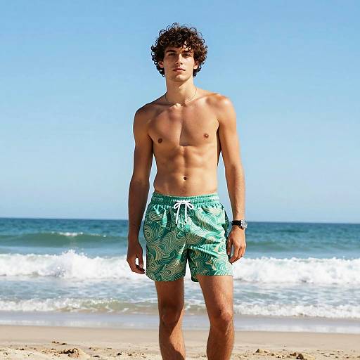Shirtless Young Man on Beach in Green Swim Shorts
