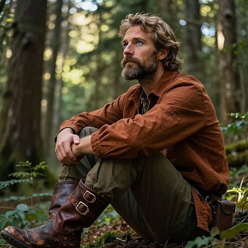 Photograph of a rugged, bearded man with wavy brown hair, wearing a brown jacket and boots, sitting pensively in a lush forest.