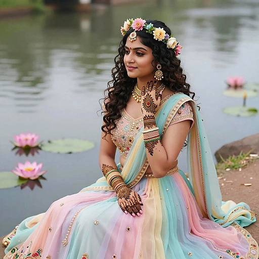 Photograph of a beautiful South Asian woman with long curly black hair, wearing a multicolored pastel saree, gold jewelry, and a flower